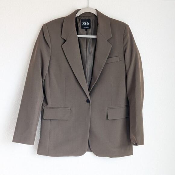 Zara Khaki Brown Basic V-neck Long Sleeve Button Blazer Jacket, size S - Picture 1 of 9